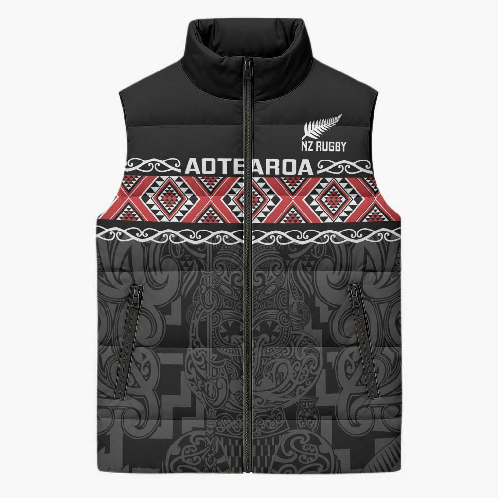 Custom New Zealand Silver Fern Rugby Sleeveless Puffer Jacket All Black Maori Taniko Pattern - Aussie Hoodie