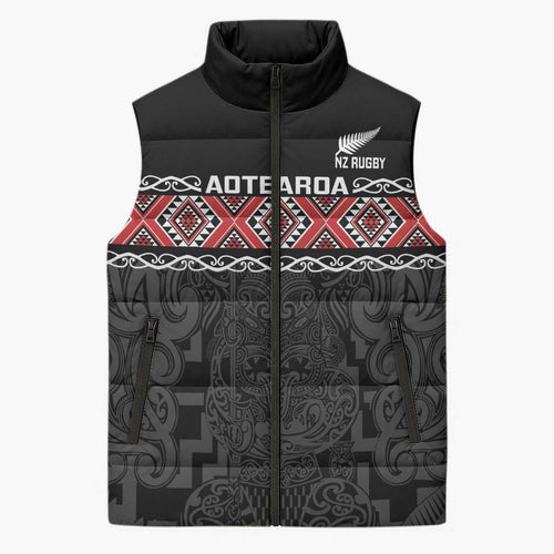 Custom New Zealand Silver Fern Rugby Sleeveless Puffer Jacket All Black Maori Taniko Pattern - Aussie Hoodie