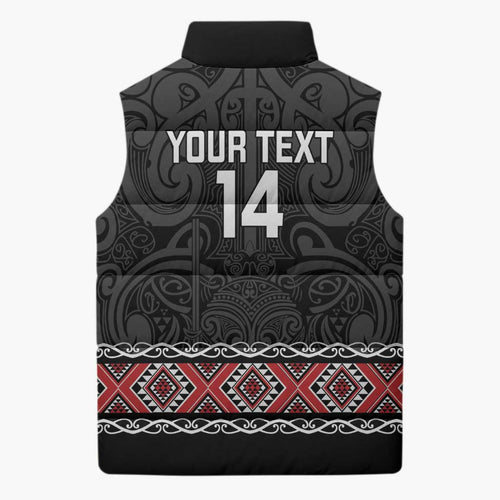 Custom New Zealand Silver Fern Rugby Sleeveless Puffer Jacket All Black Maori Taniko Pattern - Aussie Hoodie