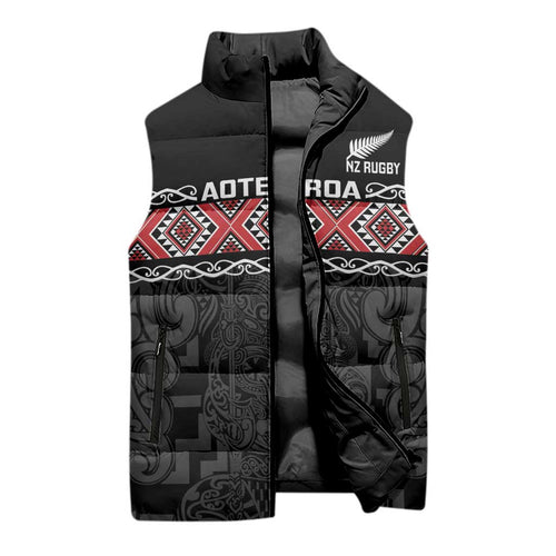 Custom New Zealand Silver Fern Rugby Sleeveless Puffer Jacket All Black Maori Taniko Pattern - Aussie Hoodie