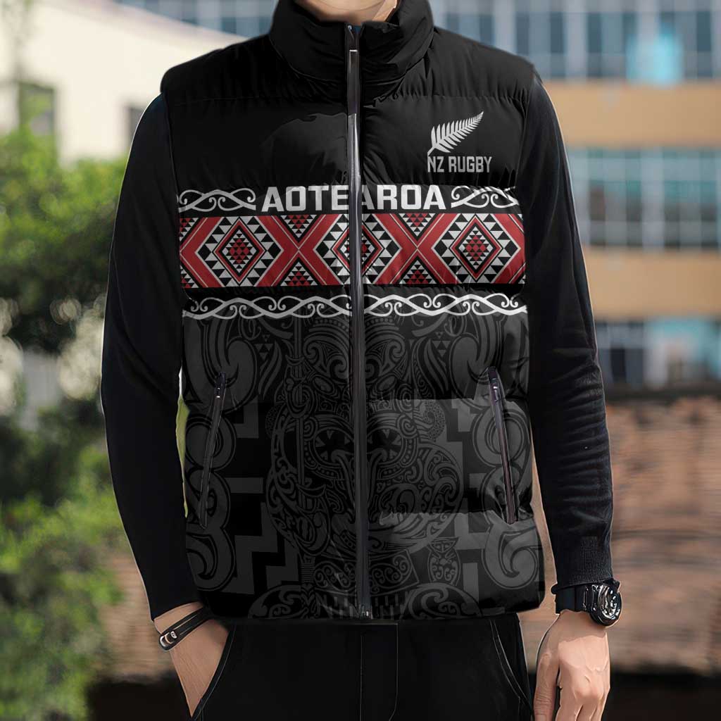 Custom New Zealand Silver Fern Rugby Sleeveless Puffer Jacket All Black Maori Taniko Pattern - Aussie Hoodie