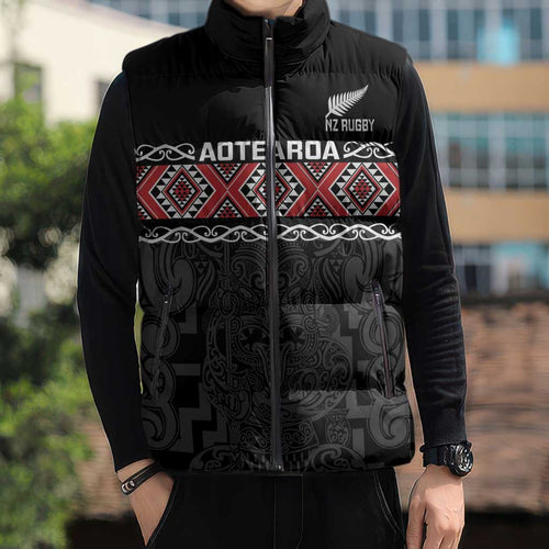 Custom New Zealand Silver Fern Rugby Sleeveless Puffer Jacket All Black Maori Taniko Pattern - Aussie Hoodie
