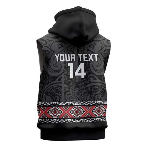 Custom New Zealand Silver Fern Rugby Sleeveless Zip Hoodie All Black Maori Taniko Pattern LT14