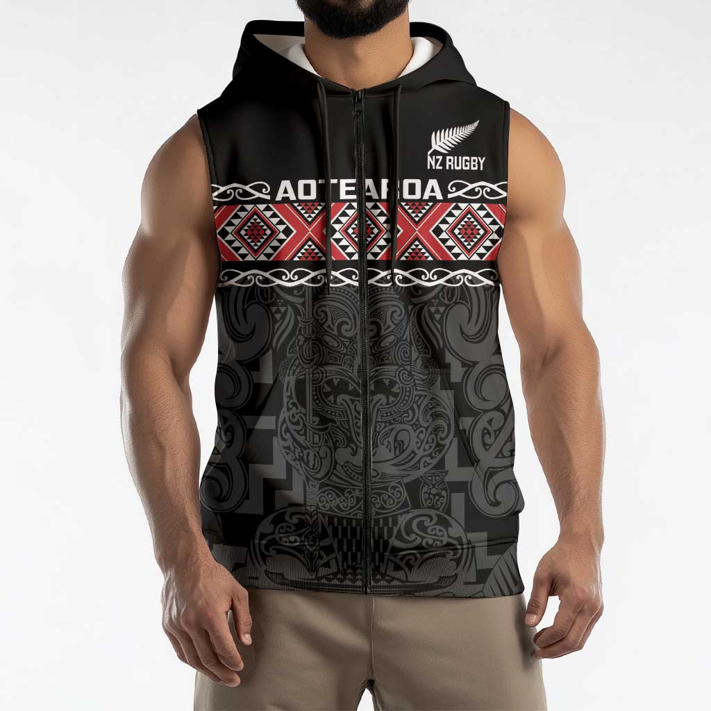 Custom New Zealand Silver Fern Rugby Sleeveless Zip Hoodie All Black Maori Taniko Pattern LT14