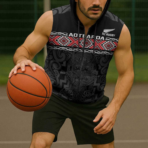 Custom New Zealand Silver Fern Rugby Sleeveless Zip Hoodie All Black Maori Taniko Pattern LT14