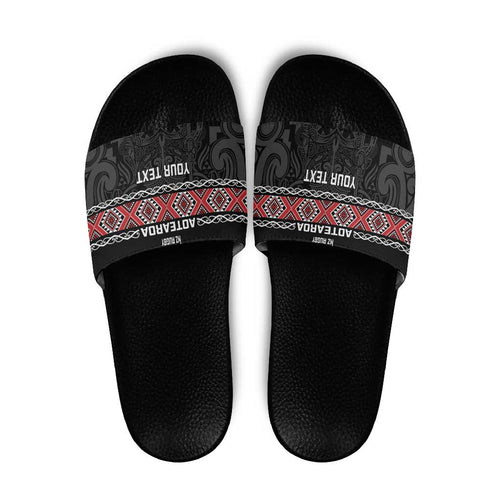 Custom New Zealand Silver Fern Rugby Slide Sandals All Black Maori Taniko Pattern - Aussie Hoodie