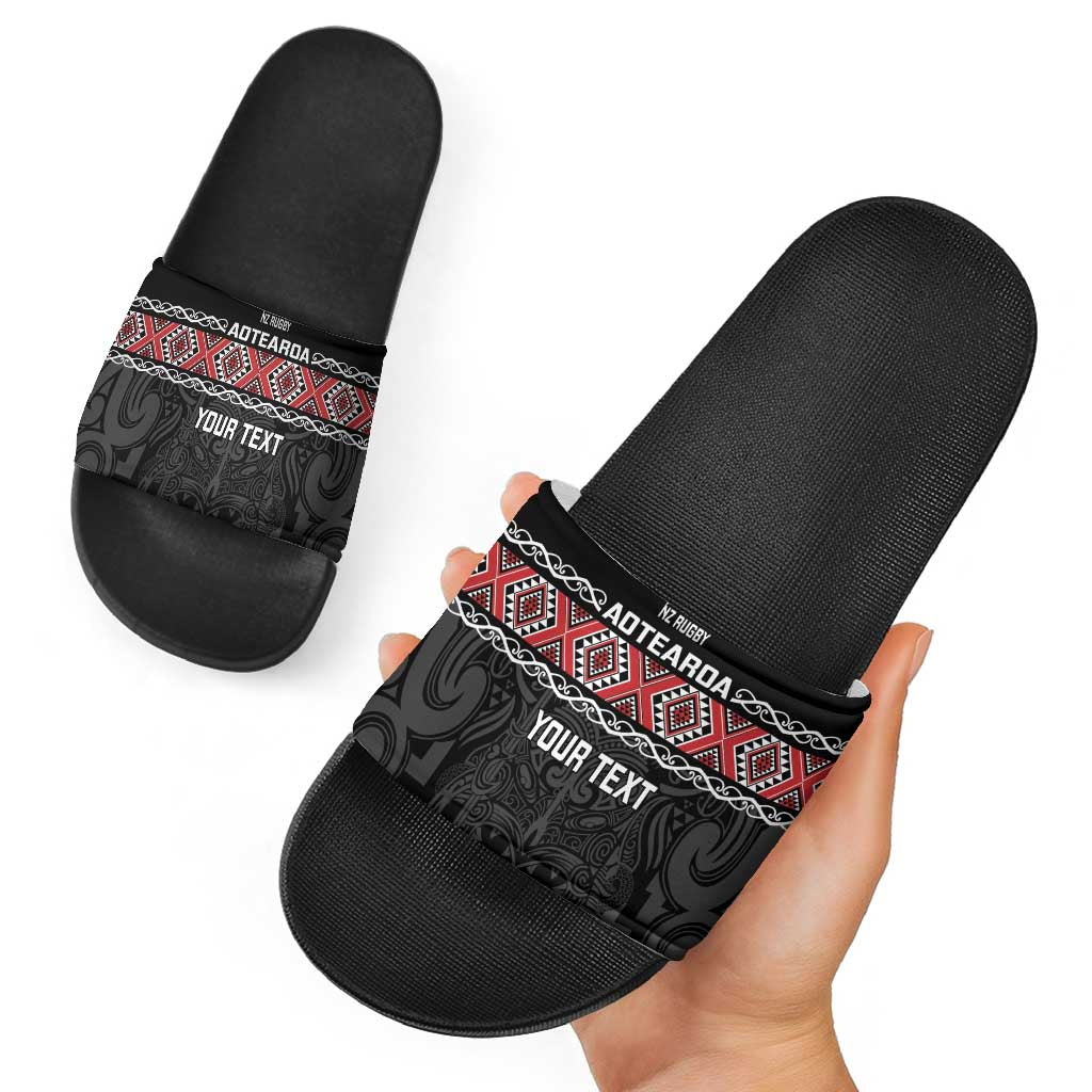 Custom New Zealand Silver Fern Rugby Slide Sandals All Black Maori Taniko Pattern - Aussie Hoodie