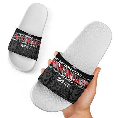 Custom New Zealand Silver Fern Rugby Slide Sandals All Black Maori Taniko Pattern - Aussie Hoodie