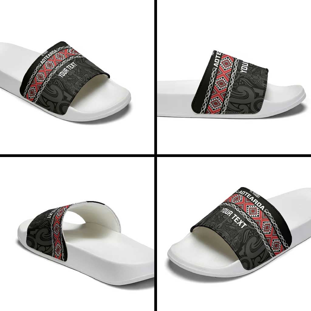 Custom New Zealand Silver Fern Rugby Slide Sandals All Black Maori Taniko Pattern - Aussie Hoodie