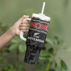 Custom New Zealand Silver Fern Rugby Tumbler With Handle All Black Maori Taniko Pattern
