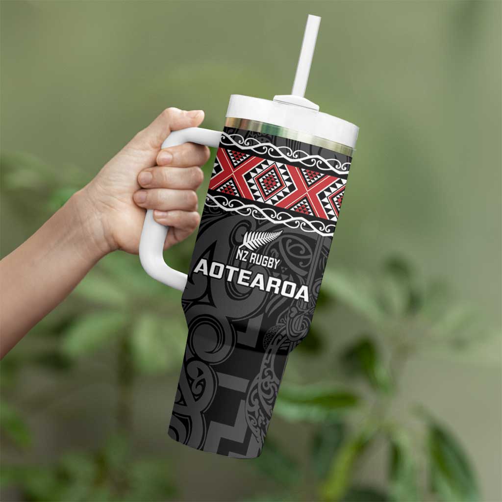 Custom New Zealand Silver Fern Rugby Tumbler With Handle All Black Maori Taniko Pattern