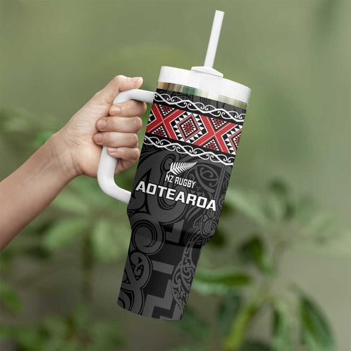 Custom New Zealand Silver Fern Rugby Tumbler With Handle All Black Maori Taniko Pattern