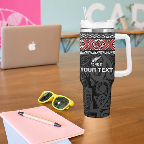 Custom New Zealand Silver Fern Rugby Tumbler With Handle All Black Maori Taniko Pattern