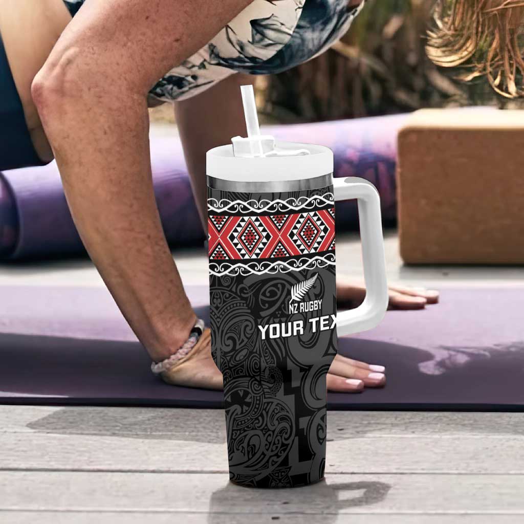 Custom New Zealand Silver Fern Rugby Tumbler With Handle All Black Maori Taniko Pattern