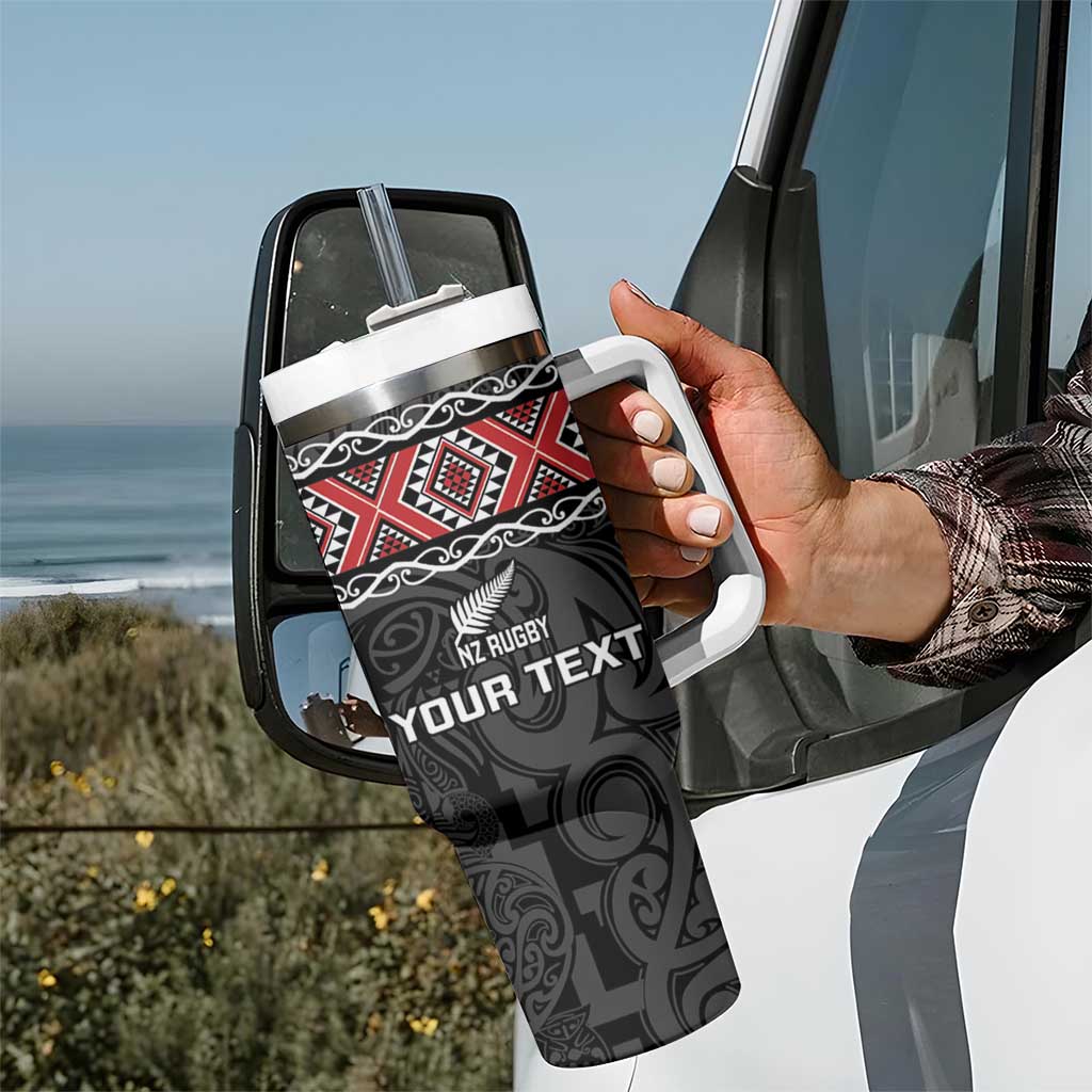 Custom New Zealand Silver Fern Rugby Tumbler With Handle All Black Maori Taniko Pattern