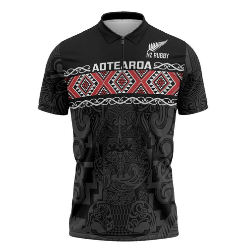 Custom New Zealand Silver Fern Rugby Zipper Polo Shirt All Black Maori Taniko Pattern - Aussie Hoodie