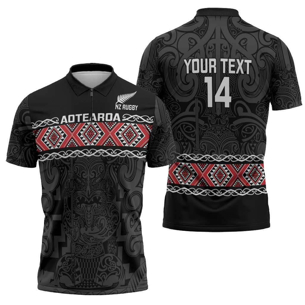 Custom New Zealand Silver Fern Rugby Zipper Polo Shirt All Black Maori Taniko Pattern - Aussie Hoodie