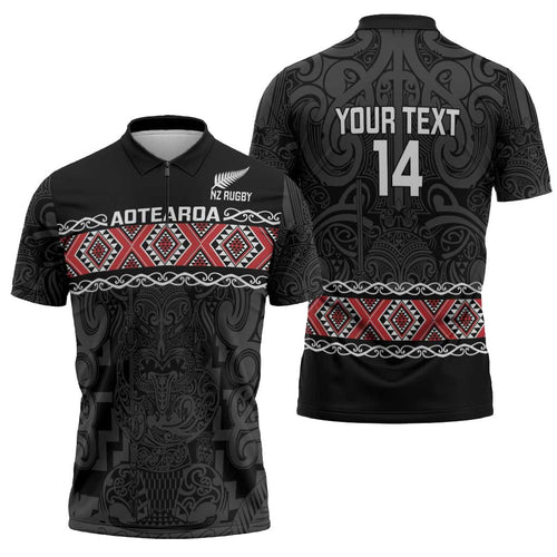 Custom New Zealand Silver Fern Rugby Zipper Polo Shirt All Black Maori Taniko Pattern - Aussie Hoodie