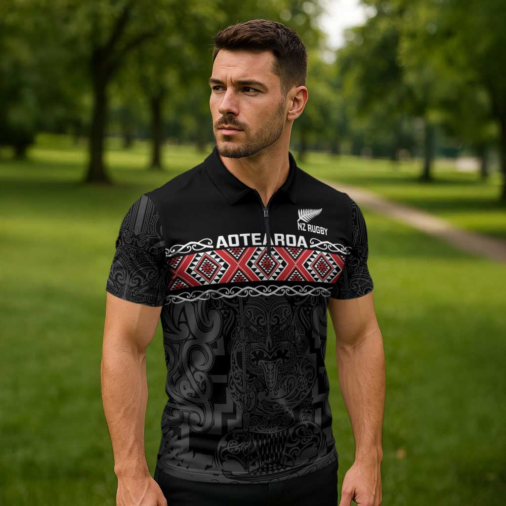 Custom New Zealand Silver Fern Rugby Zipper Polo Shirt All Black Maori Taniko Pattern - Aussie Hoodie