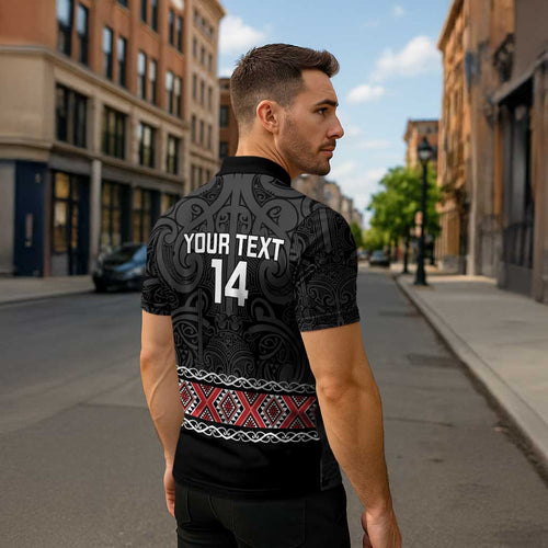 Custom New Zealand Silver Fern Rugby Zipper Polo Shirt All Black Maori Taniko Pattern - Aussie Hoodie