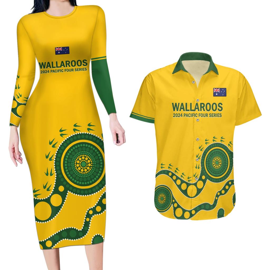 Custom Australia Rugby Couples Matching Long Sleeve Bodycon Dress and Hawaiian Shirt Go Wallaroos 2024 Pacific Aboriginal Art
