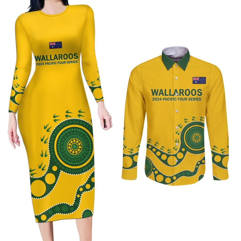 Custom Australia Rugby Couples Matching Long Sleeve Bodycon Dress and Long Sleeve Button Shirt Go Wallaroos 2024 Pacific Aboriginal Art