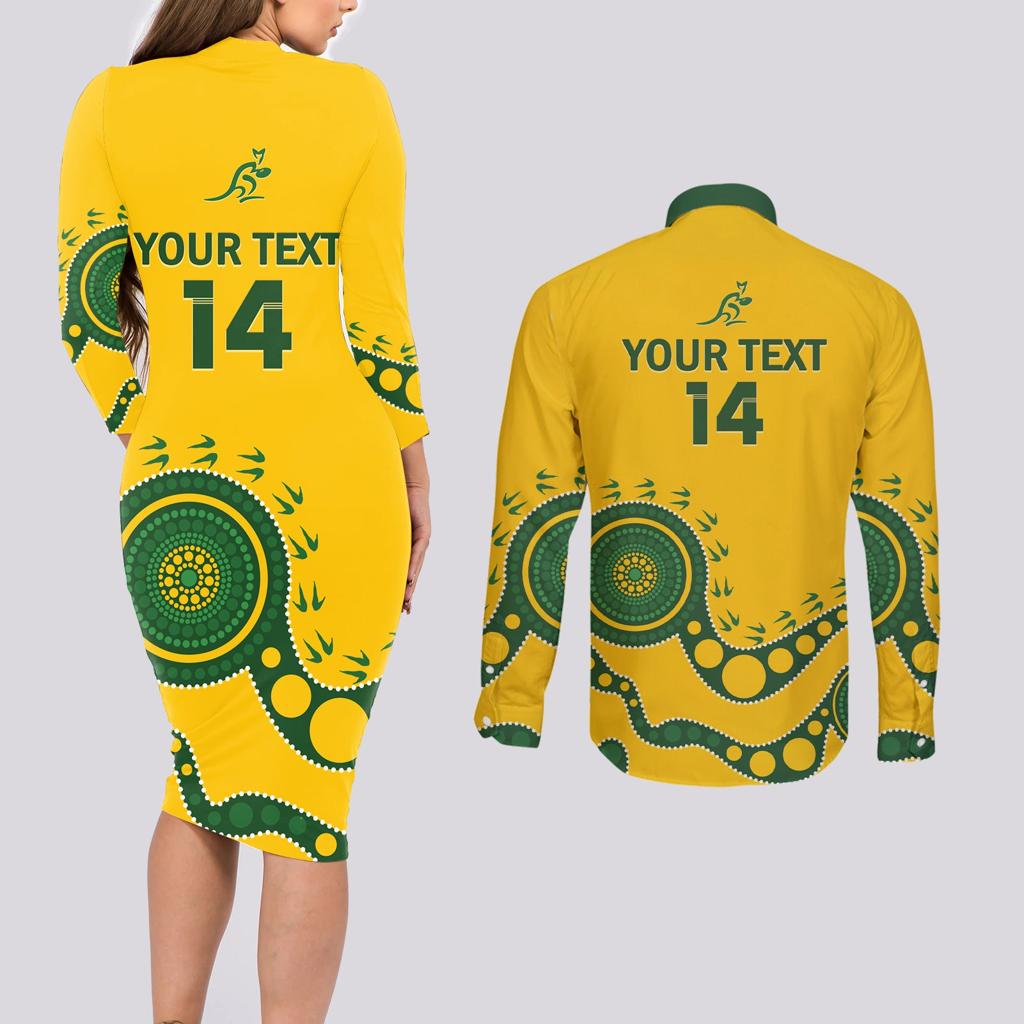 Custom Australia Rugby Couples Matching Long Sleeve Bodycon Dress and Long Sleeve Button Shirt Go Wallaroos 2024 Pacific Aboriginal Art