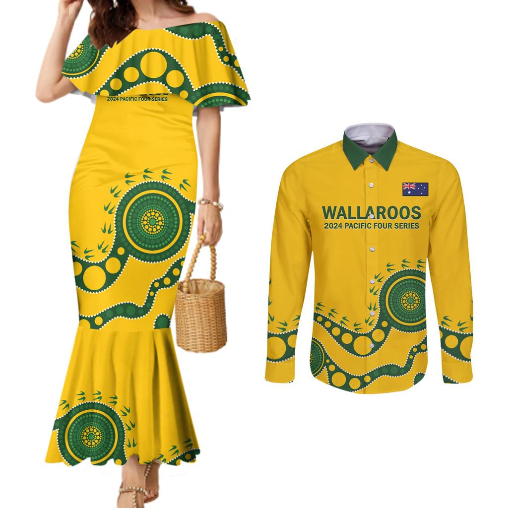 Custom Australia Rugby Couples Matching Mermaid Dress and Long Sleeve Button Shirt Go Wallaroos 2024 Pacific Aboriginal Art