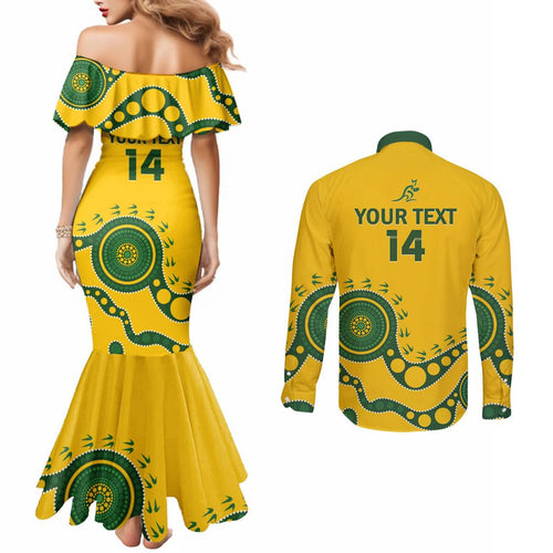 Custom Australia Rugby Couples Matching Mermaid Dress and Long Sleeve Button Shirt Go Wallaroos 2024 Pacific Aboriginal Art