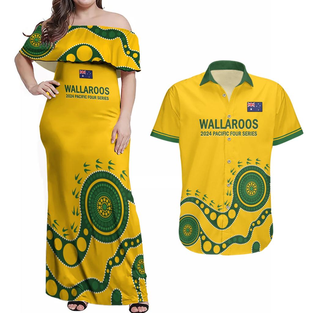 Custom Australia Rugby Couples Matching Off Shoulder Maxi Dress and Hawaiian Shirt Go Wallaroos 2024 Pacific Aboriginal Art