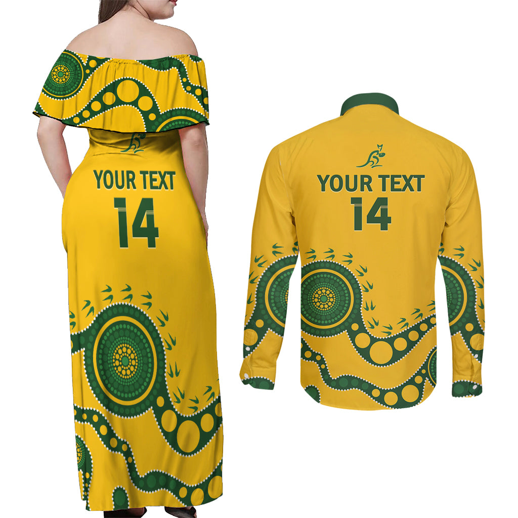 Custom Australia Rugby Couples Matching Off Shoulder Maxi Dress and Long Sleeve Button Shirt Go Wallaroos 2024 Pacific Aboriginal Art