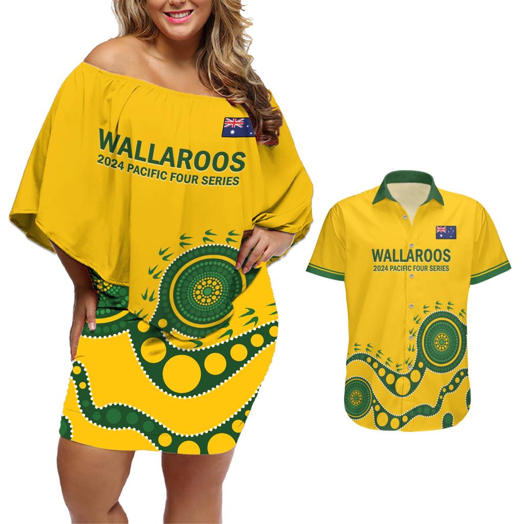 Custom Australia Rugby Couples Matching Off Shoulder Short Dress and Hawaiian Shirt Go Wallaroos 2024 Pacific Aboriginal Art
