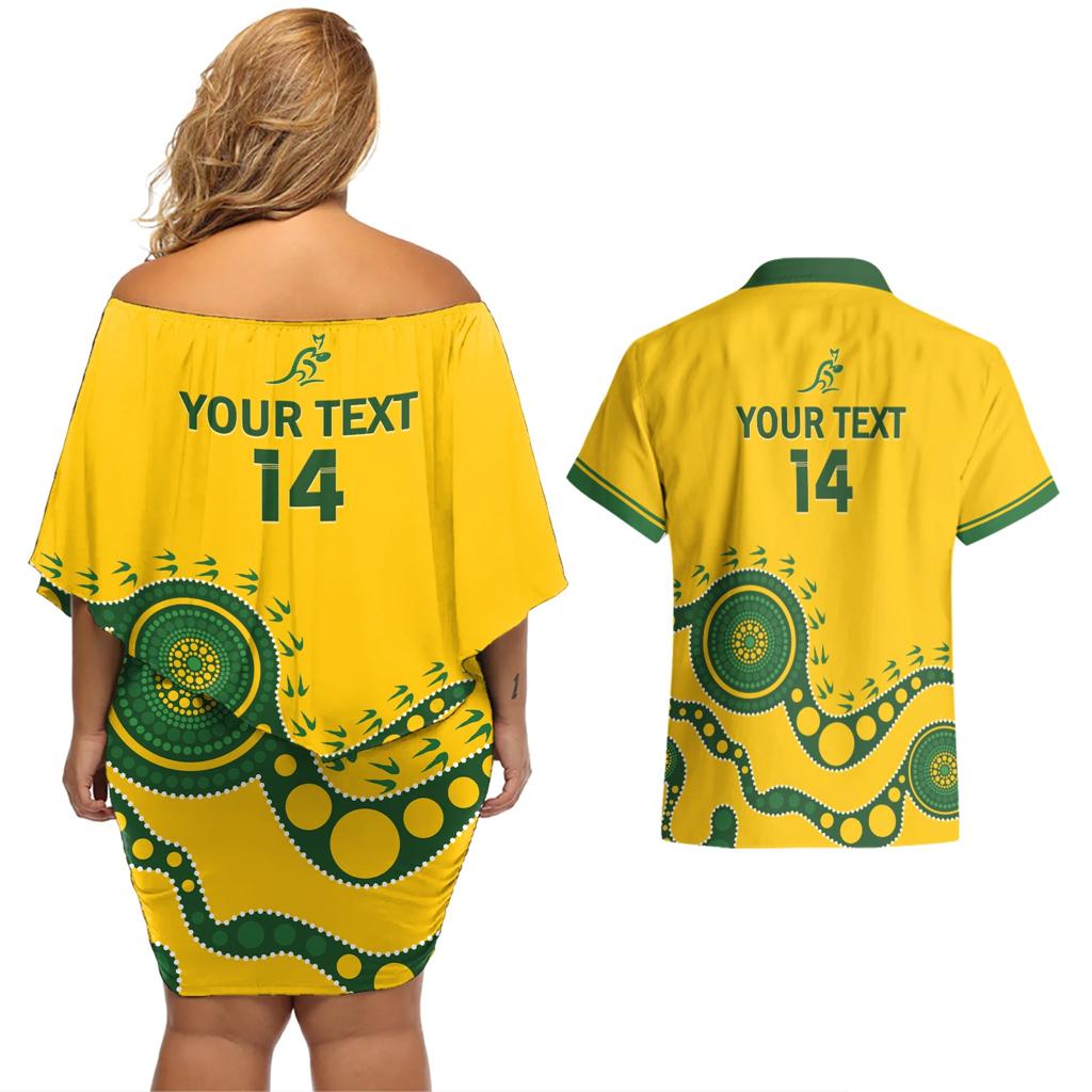 Custom Australia Rugby Couples Matching Off Shoulder Short Dress and Hawaiian Shirt Go Wallaroos 2024 Pacific Aboriginal Art