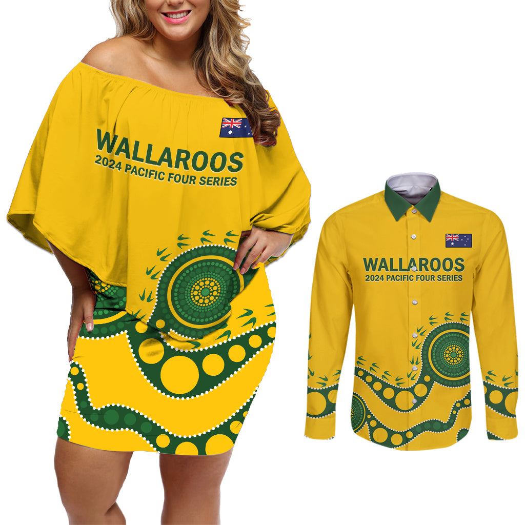 Custom Australia Rugby Couples Matching Off Shoulder Short Dress and Long Sleeve Button Shirt Go Wallaroos 2024 Pacific Aboriginal Art