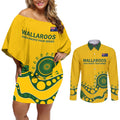 Custom Australia Rugby Couples Matching Off Shoulder Short Dress and Long Sleeve Button Shirt Go Wallaroos 2024 Pacific Aboriginal Art