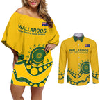 Custom Australia Rugby Couples Matching Off Shoulder Short Dress and Long Sleeve Button Shirt Go Wallaroos 2024 Pacific Aboriginal Art