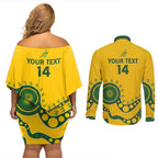 Custom Australia Rugby Couples Matching Off Shoulder Short Dress and Long Sleeve Button Shirt Go Wallaroos 2024 Pacific Aboriginal Art