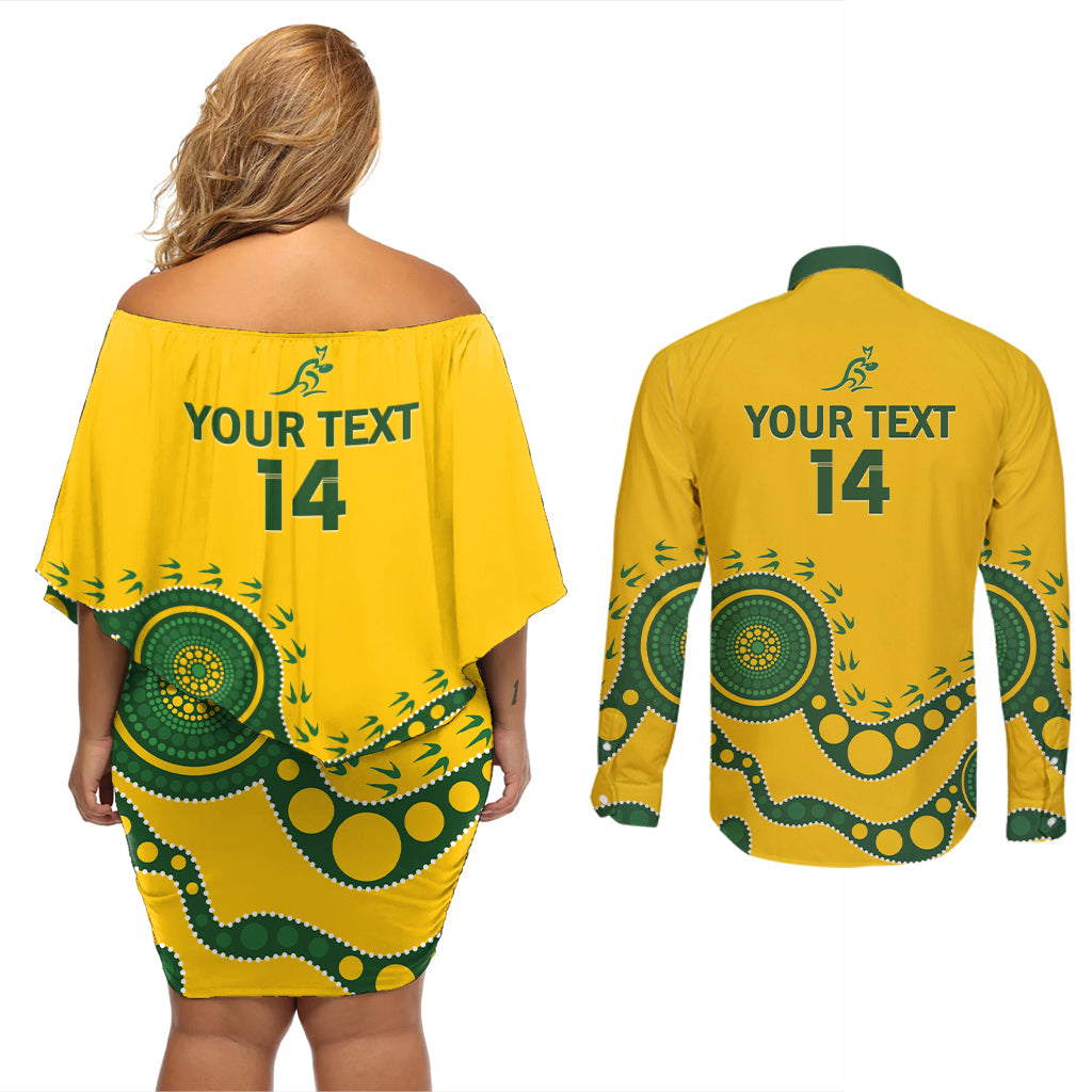 Custom Australia Rugby Couples Matching Off Shoulder Short Dress and Long Sleeve Button Shirt Go Wallaroos 2024 Pacific Aboriginal Art