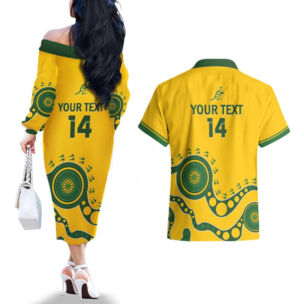 Custom Australia Rugby Couples Matching Off The Shoulder Long Sleeve Dress and Hawaiian Shirt Go Wallaroos 2024 Pacific Aboriginal Art
