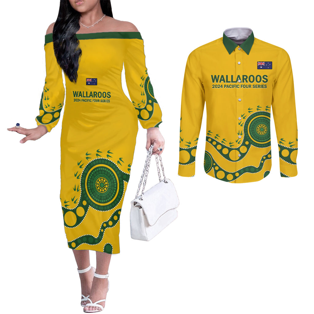 Custom Australia Rugby Couples Matching Off The Shoulder Long Sleeve Dress and Long Sleeve Button Shirt Go Wallaroos 2024 Pacific Aboriginal Art