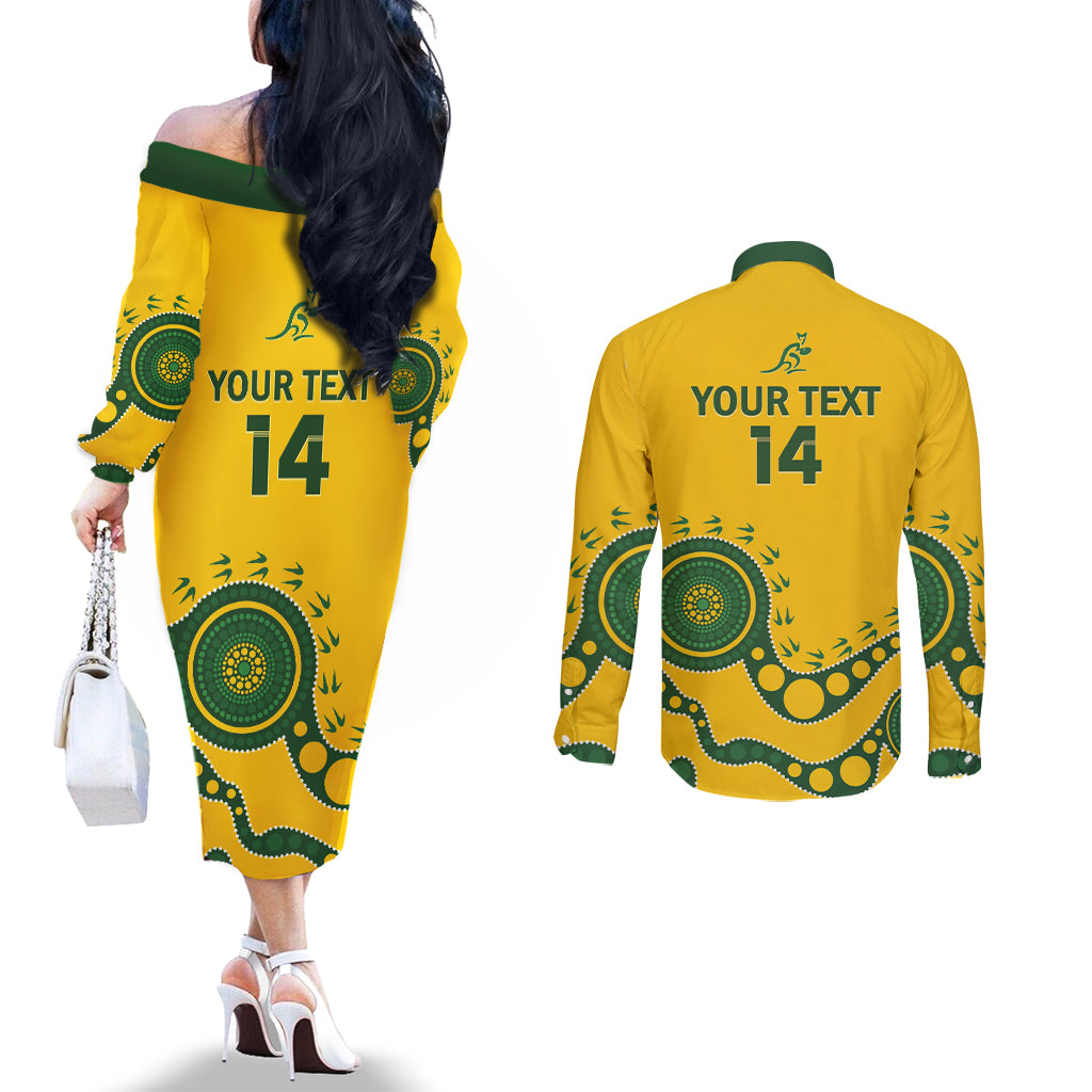 Custom Australia Rugby Couples Matching Off The Shoulder Long Sleeve Dress and Long Sleeve Button Shirt Go Wallaroos 2024 Pacific Aboriginal Art