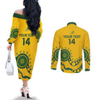Custom Australia Rugby Couples Matching Off The Shoulder Long Sleeve Dress and Long Sleeve Button Shirt Go Wallaroos 2024 Pacific Aboriginal Art