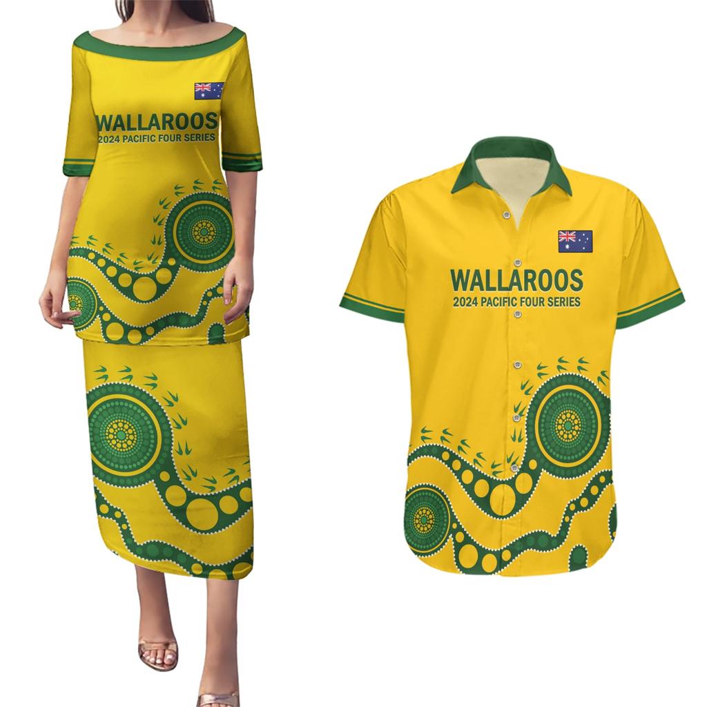 Custom Australia Rugby Couples Matching Puletasi and Hawaiian Shirt Go Wallaroos 2024 Pacific Aboriginal Art