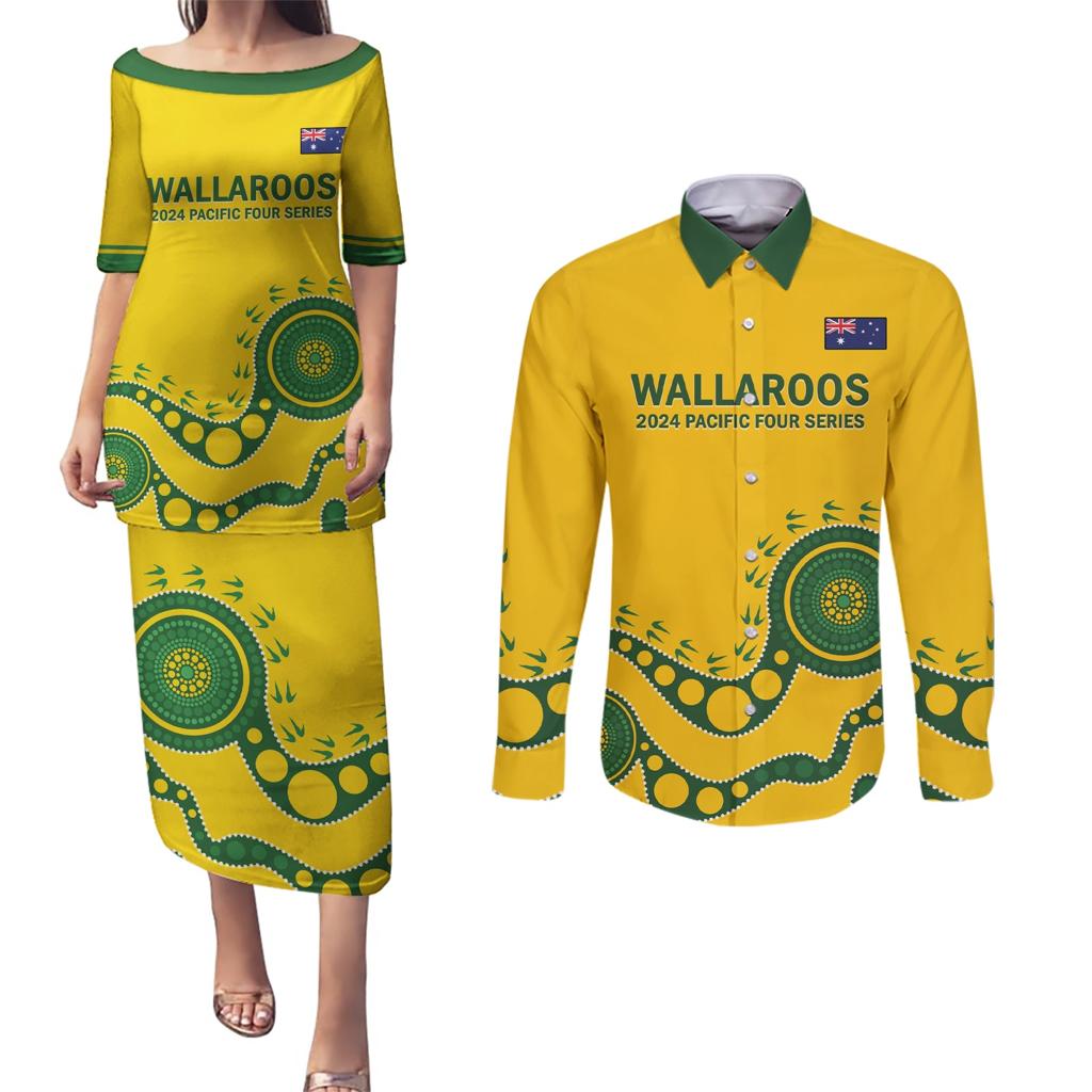 Custom Australia Rugby Couples Matching Puletasi and Long Sleeve Button Shirt Go Wallaroos 2024 Pacific Aboriginal Art