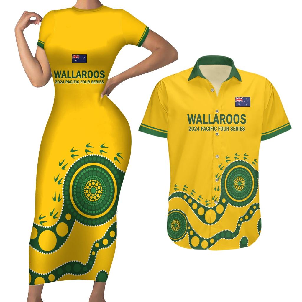 Custom Australia Rugby Couples Matching Short Sleeve Bodycon Dress and Hawaiian Shirt Go Wallaroos 2024 Pacific Aboriginal Art