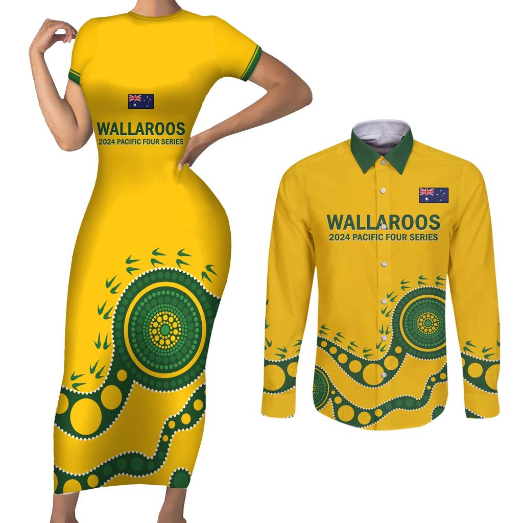 Custom Australia Rugby Couples Matching Short Sleeve Bodycon Dress and Long Sleeve Button Shirt Go Wallaroos 2024 Pacific Aboriginal Art