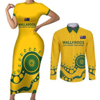 Custom Australia Rugby Couples Matching Short Sleeve Bodycon Dress and Long Sleeve Button Shirt Go Wallaroos 2024 Pacific Aboriginal Art
