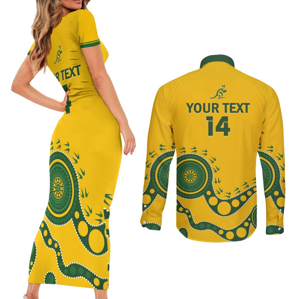 Custom Australia Rugby Couples Matching Short Sleeve Bodycon Dress and Long Sleeve Button Shirt Go Wallaroos 2024 Pacific Aboriginal Art
