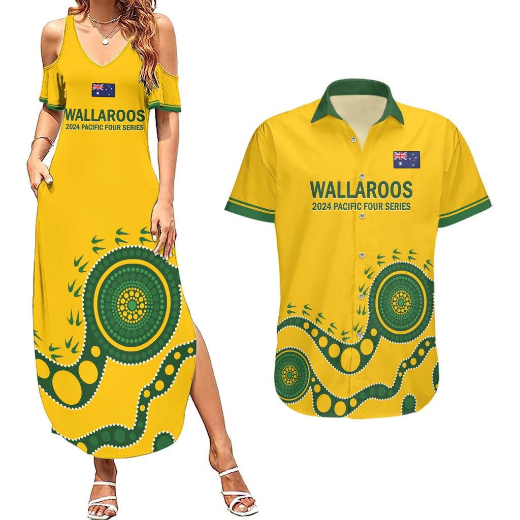 Custom Australia Rugby Couples Matching Summer Maxi Dress and Hawaiian Shirt Go Wallaroos 2024 Pacific Aboriginal Art