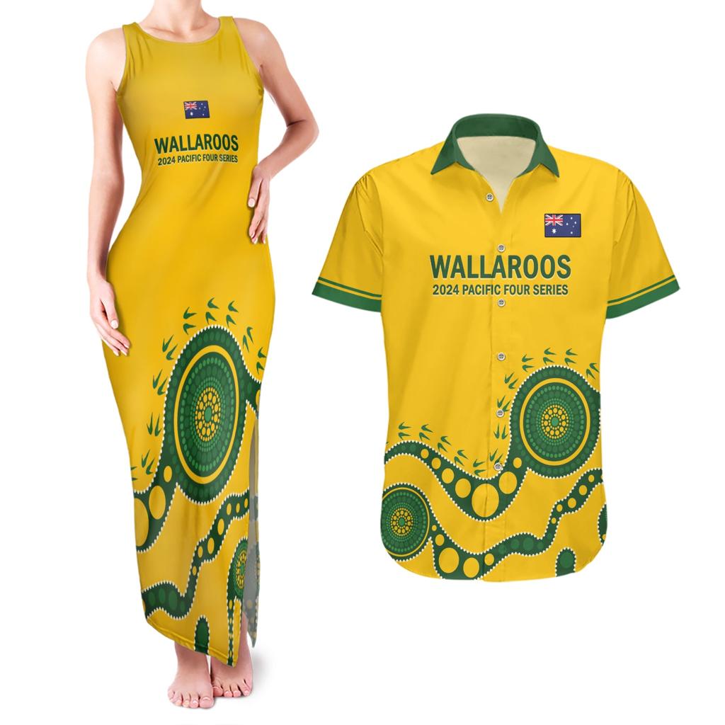 Custom Australia Rugby Couples Matching Tank Maxi Dress and Hawaiian Shirt Go Wallaroos 2024 Pacific Aboriginal Art